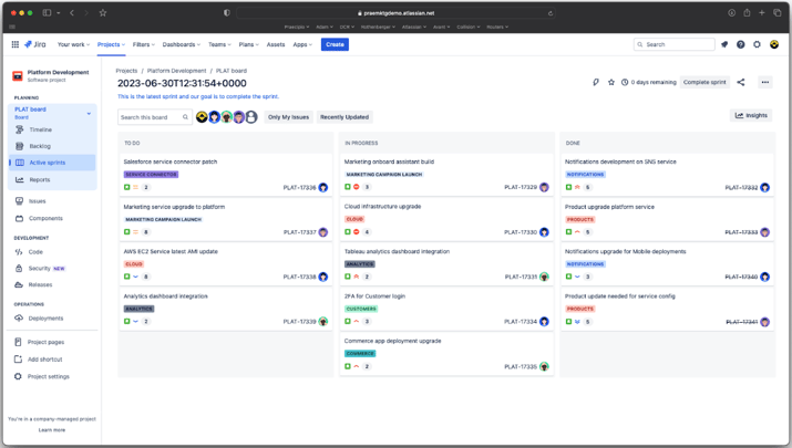 Example of Jira Software board with swim lanes and columns for in-progress tasks